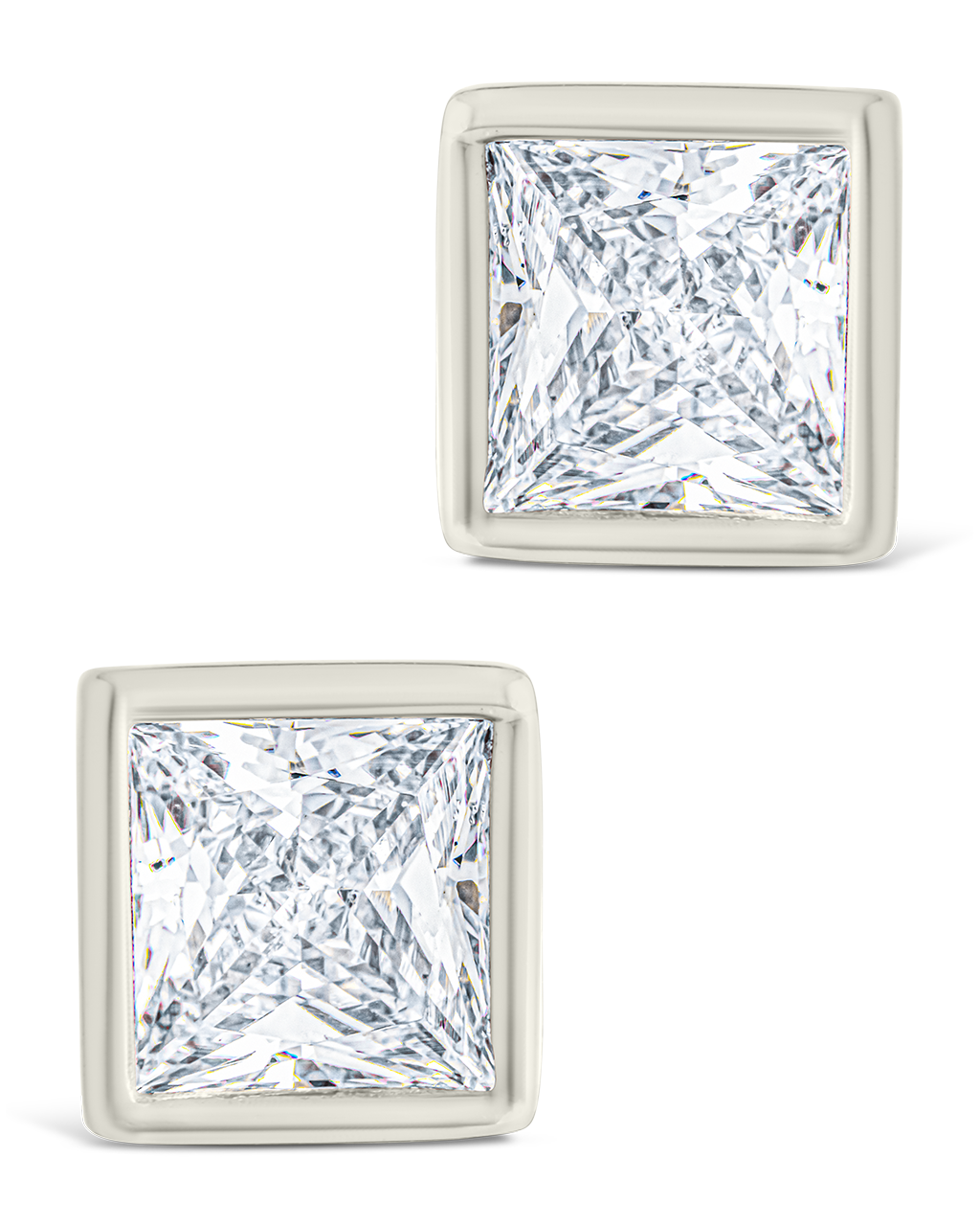 Sterling Silver Princess Cut Bezel Set Stud Earrings