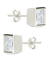 Sterling Silver Princess Cut Bezel Set Stud Earrings - Sterling Forever