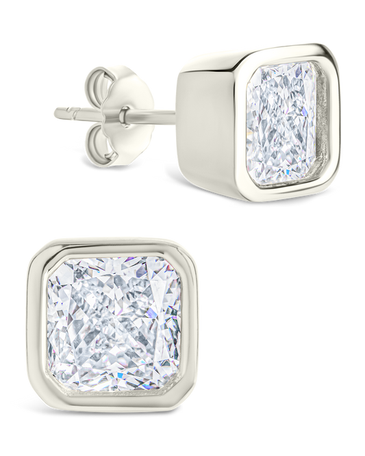 Sterling Silver Radiant Cut Bezel Set Stud Earrings