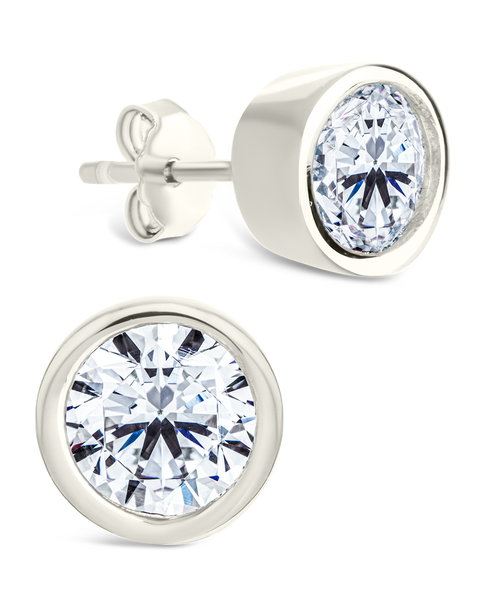 Sterling Silver Round Cut Bezel Set Stud Earrings
