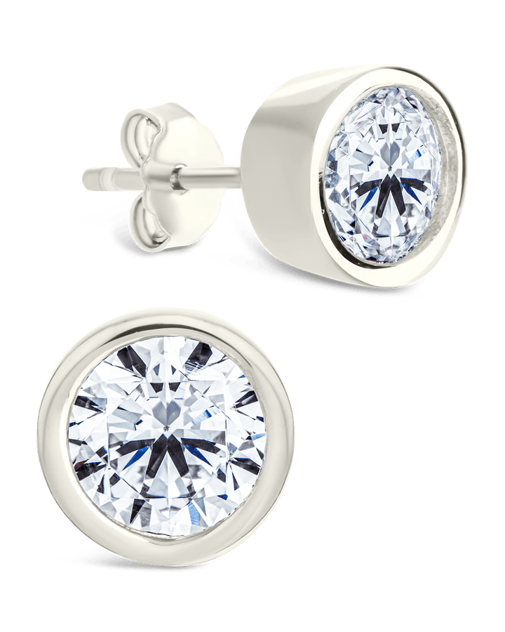 Sterling Silver Round Cut Bezel Set Stud Earrings