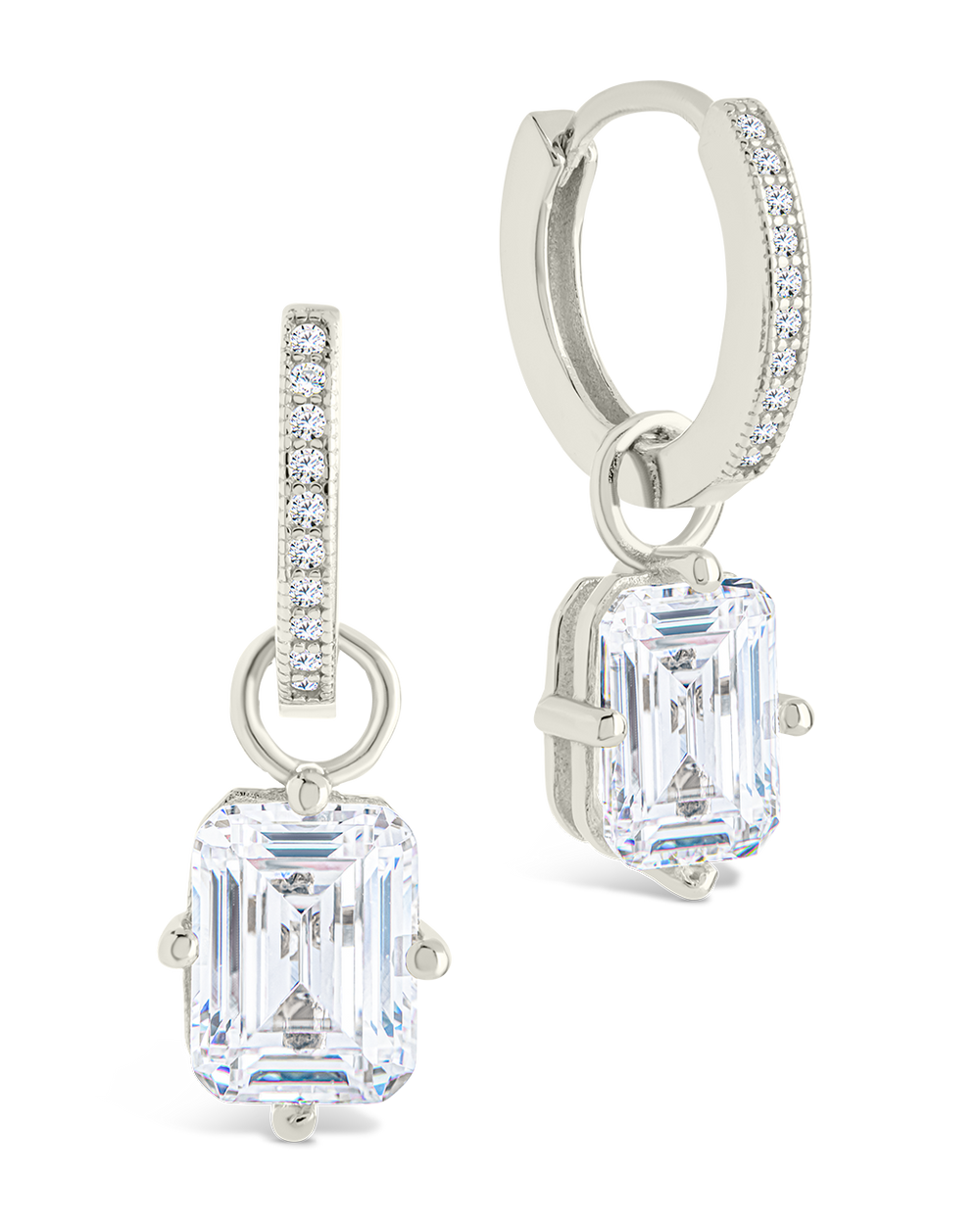 Sterling Silver Emerald Cut CZ Micro Hoop Dangle Earrings
