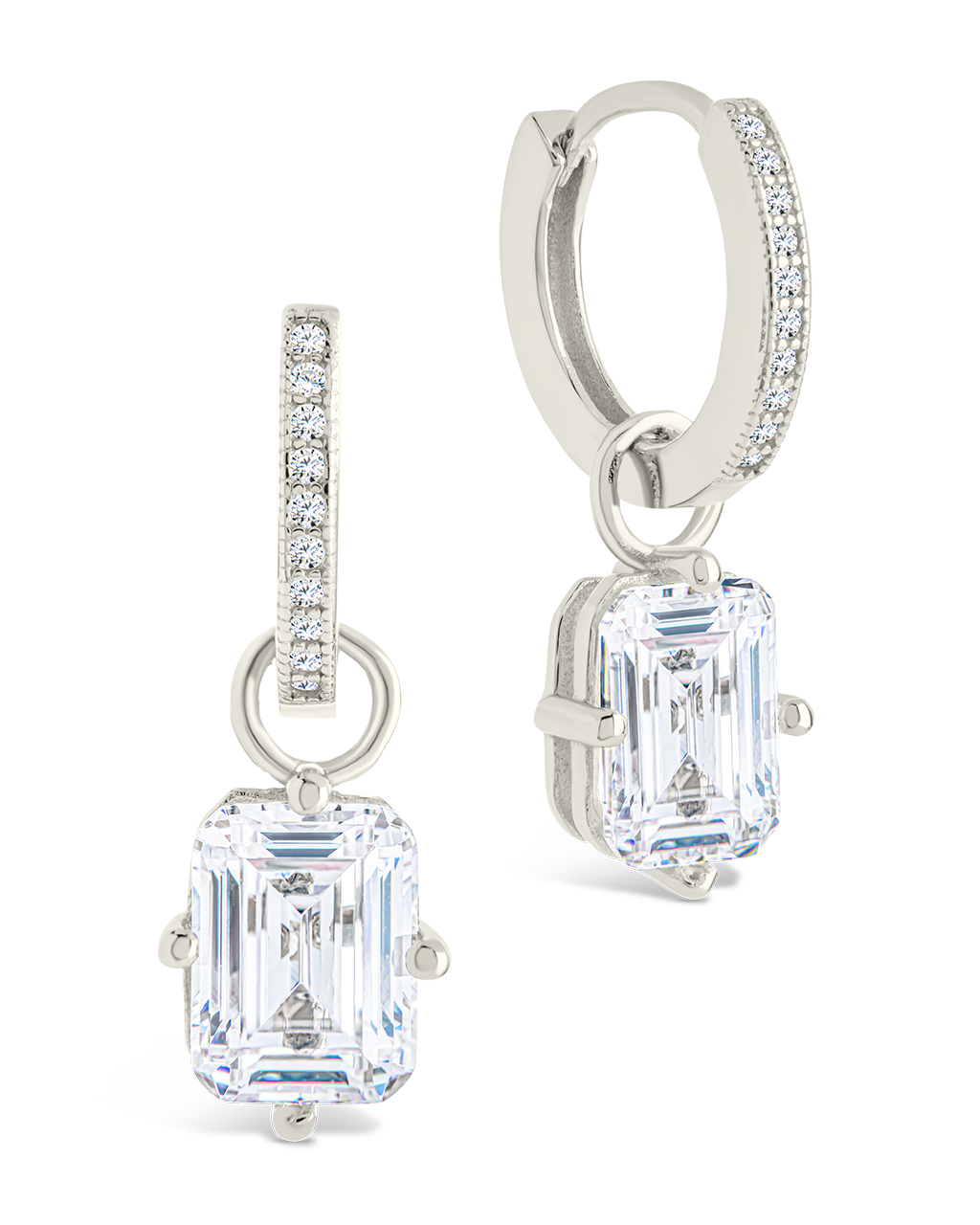 Sterling Silver Emerald Cut CZ Micro Hoop Dangle Earrings