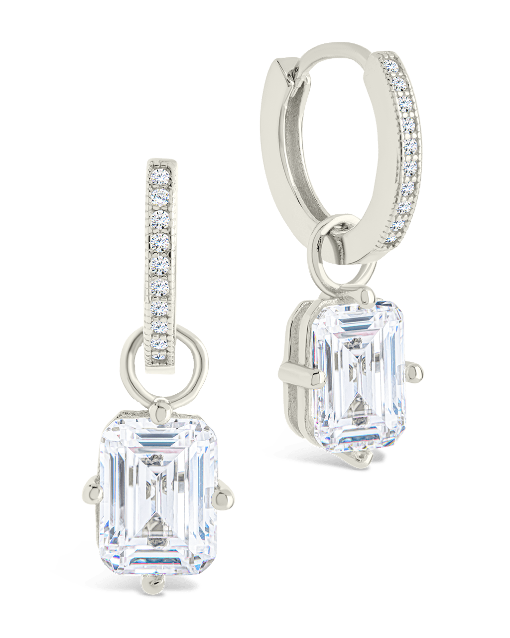 Sterling Silver Emerald Cut CZ Micro Hoop Dangle Earrings - Sterling Forever