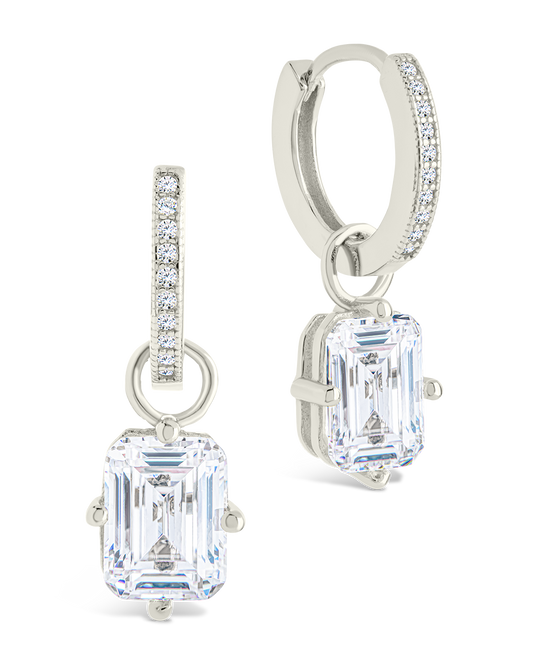 Sterling Silver Emerald Cut CZ Micro Hoop Dangle Earrings