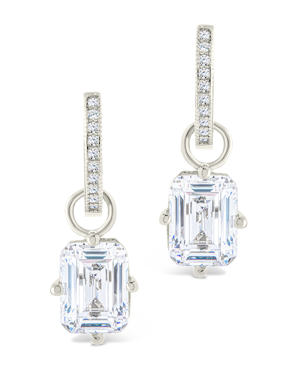 Sterling Silver Emerald Cut CZ Micro Hoop Dangle Earrings
