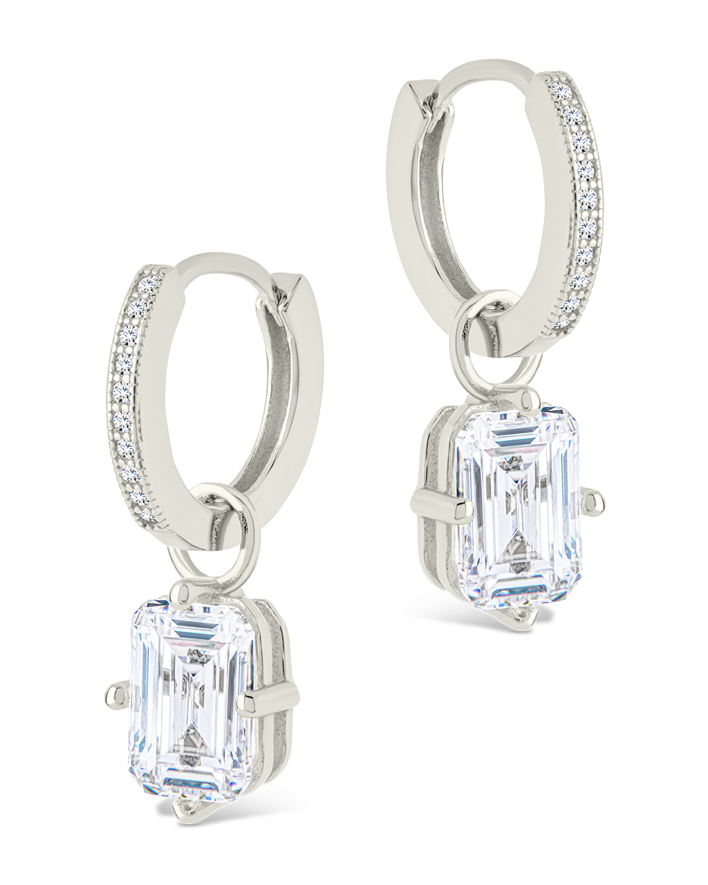 Sterling Silver Emerald Cut CZ Micro Hoop Dangle Earrings