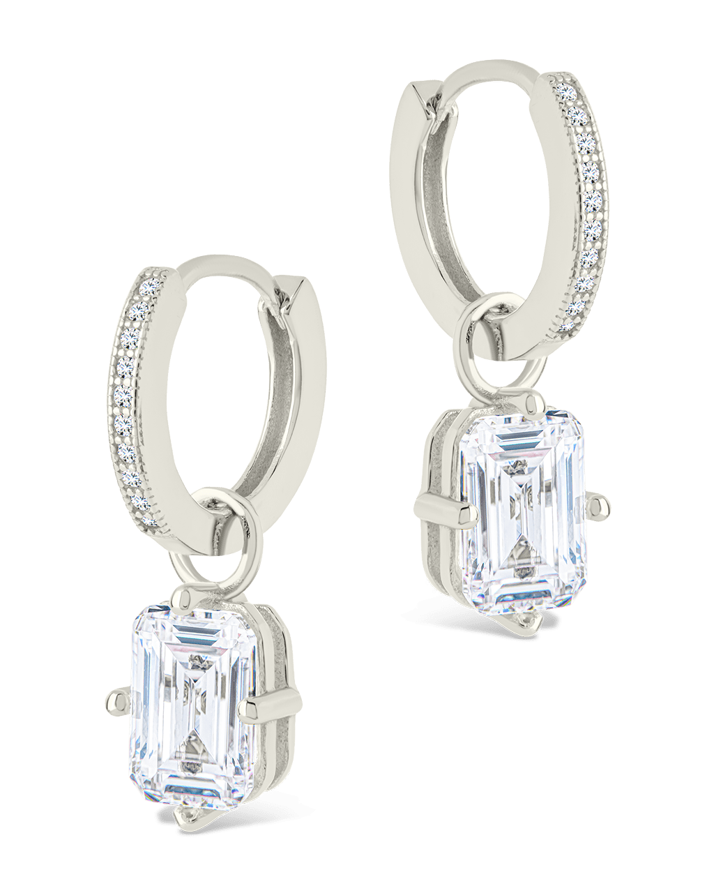 Sterling Silver Emerald Cut CZ Micro Hoop Dangle Earrings - Sterling Forever