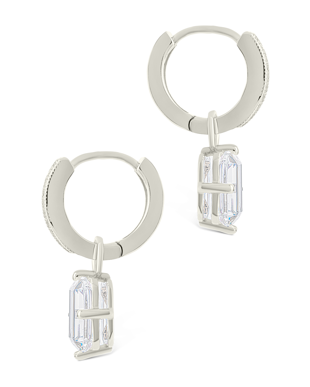 Sterling Silver Emerald Cut CZ Micro Hoop Dangle Earrings