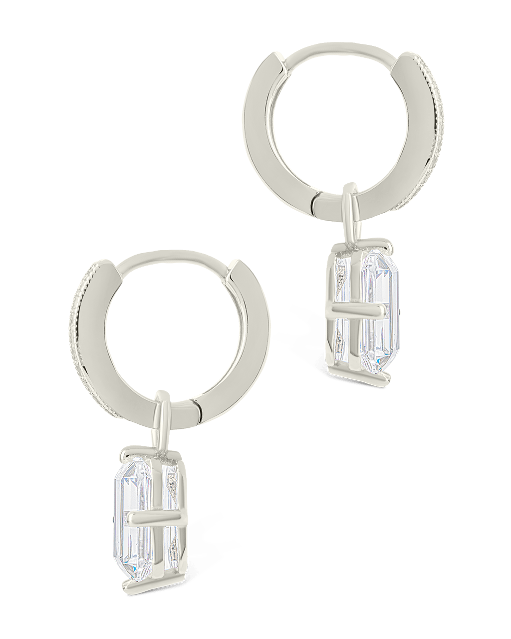 Sterling Silver Emerald Cut CZ Micro Hoop Dangle Earrings - Sterling Forever