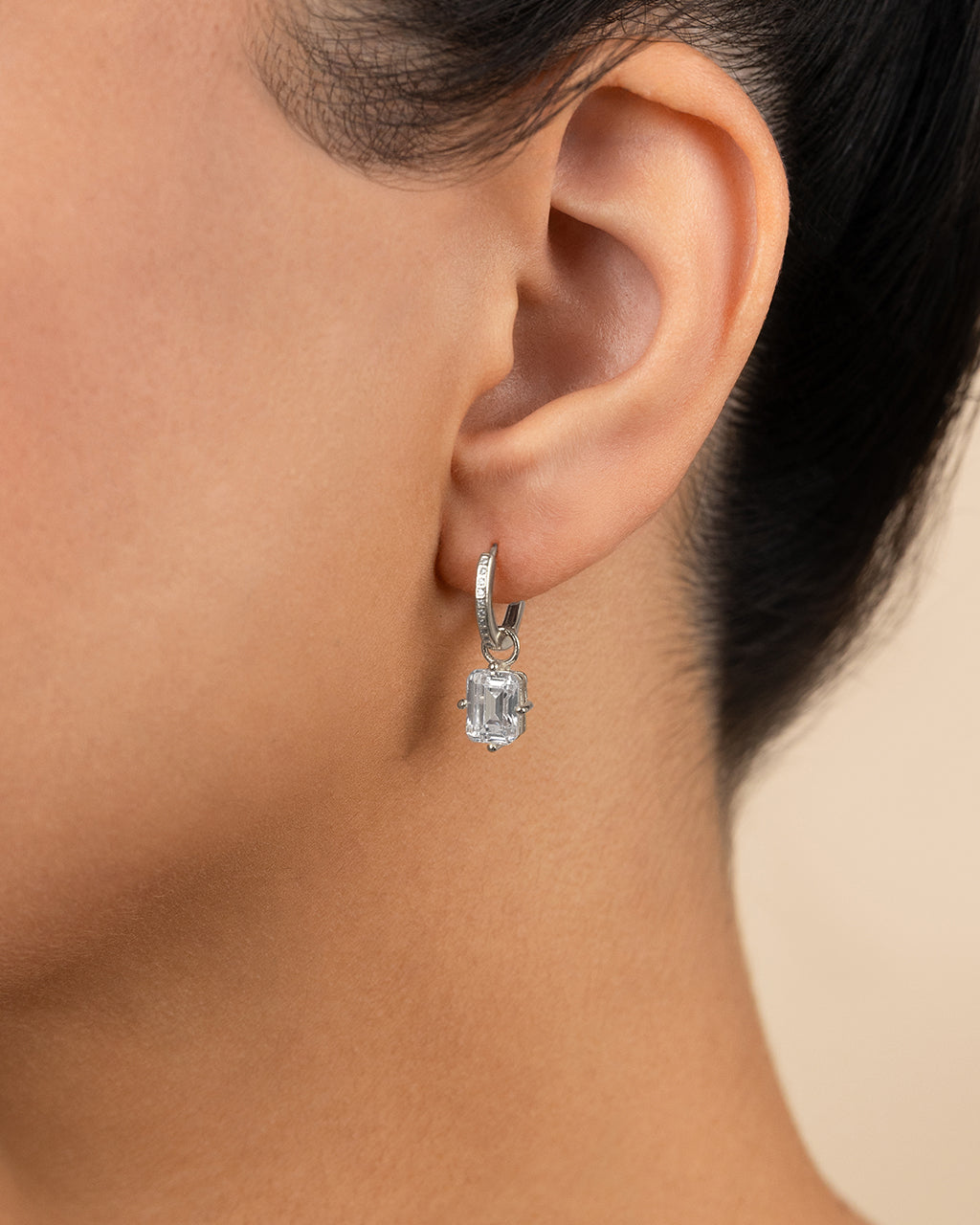 Sterling Silver Emerald Cut CZ Micro Hoop Dangle Earrings