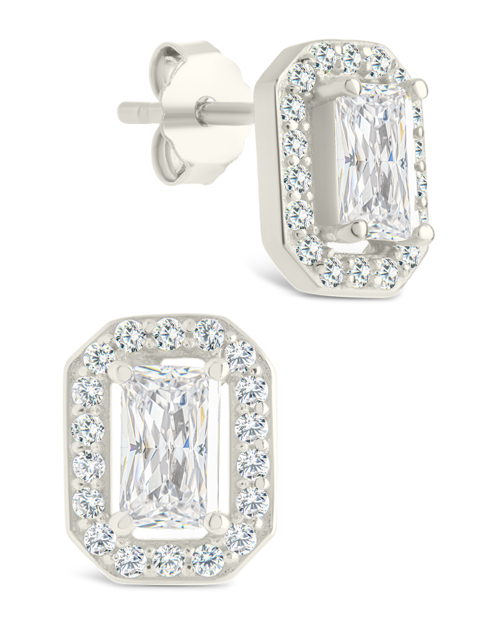 Sterling Silver Emerald Cut Brilliant Halo Studs