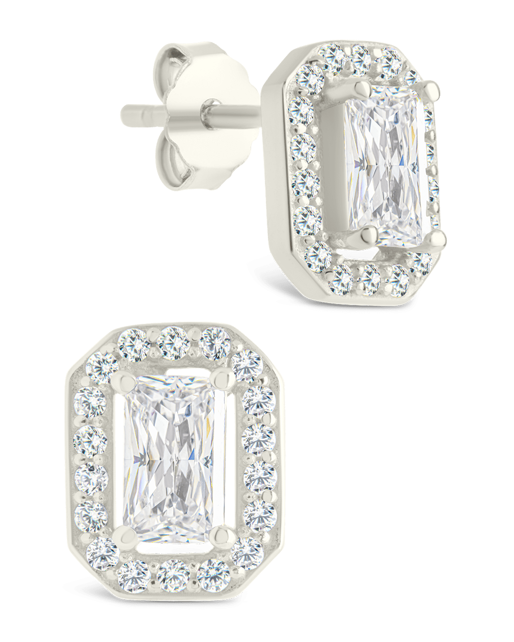 Sterling Silver Emerald Cut Brilliant Halo Studs - Sterling Forever