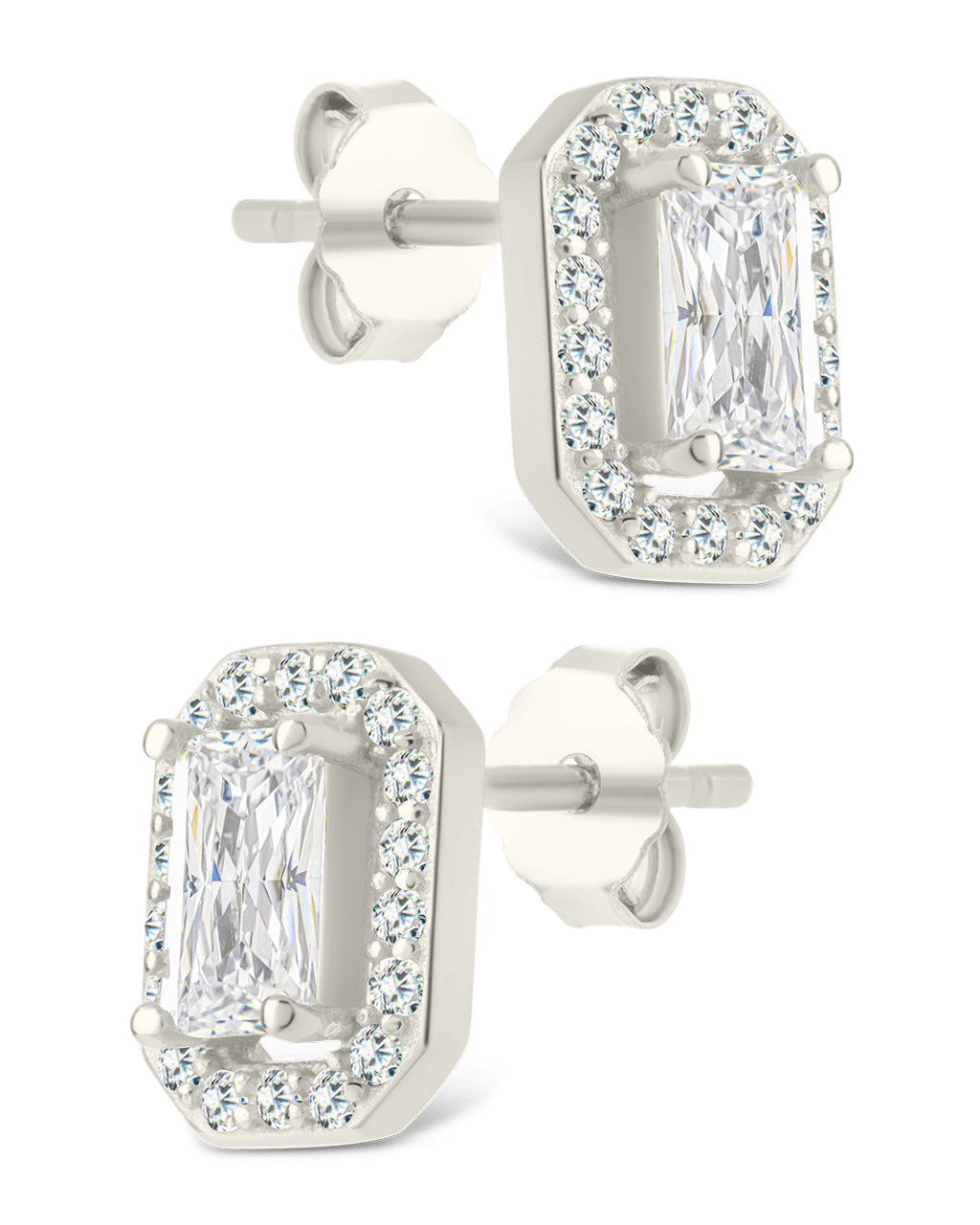 Sterling Silver Emerald Cut Brilliant Halo Studs - Sterling Forever