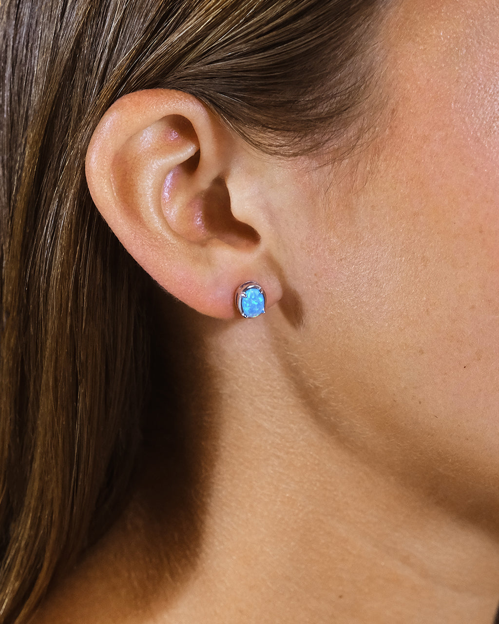 Sterling Silver Blue Opal Oval Stud Earrings