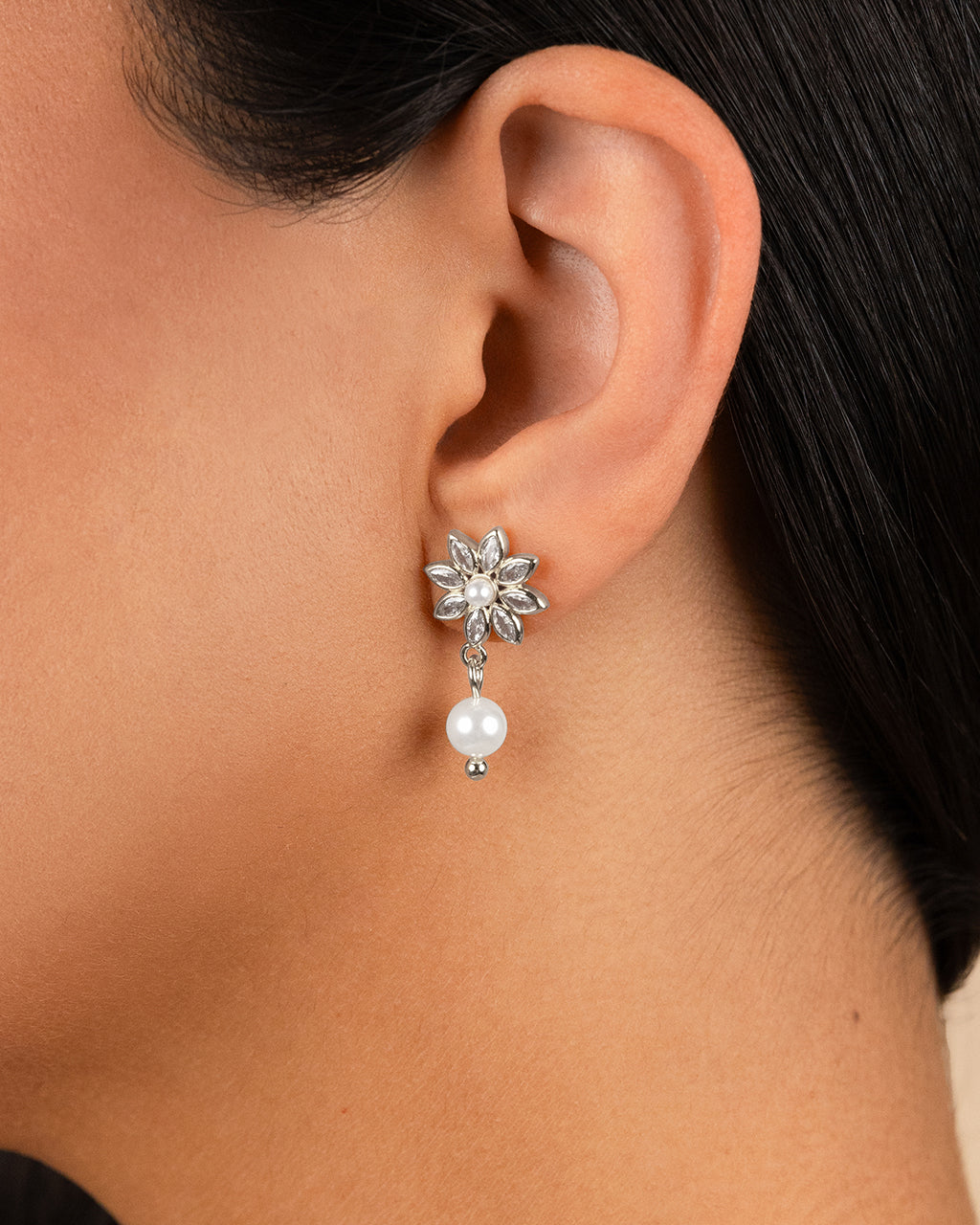 Esti CZ Flower & Pearl Drop Stud Earrings