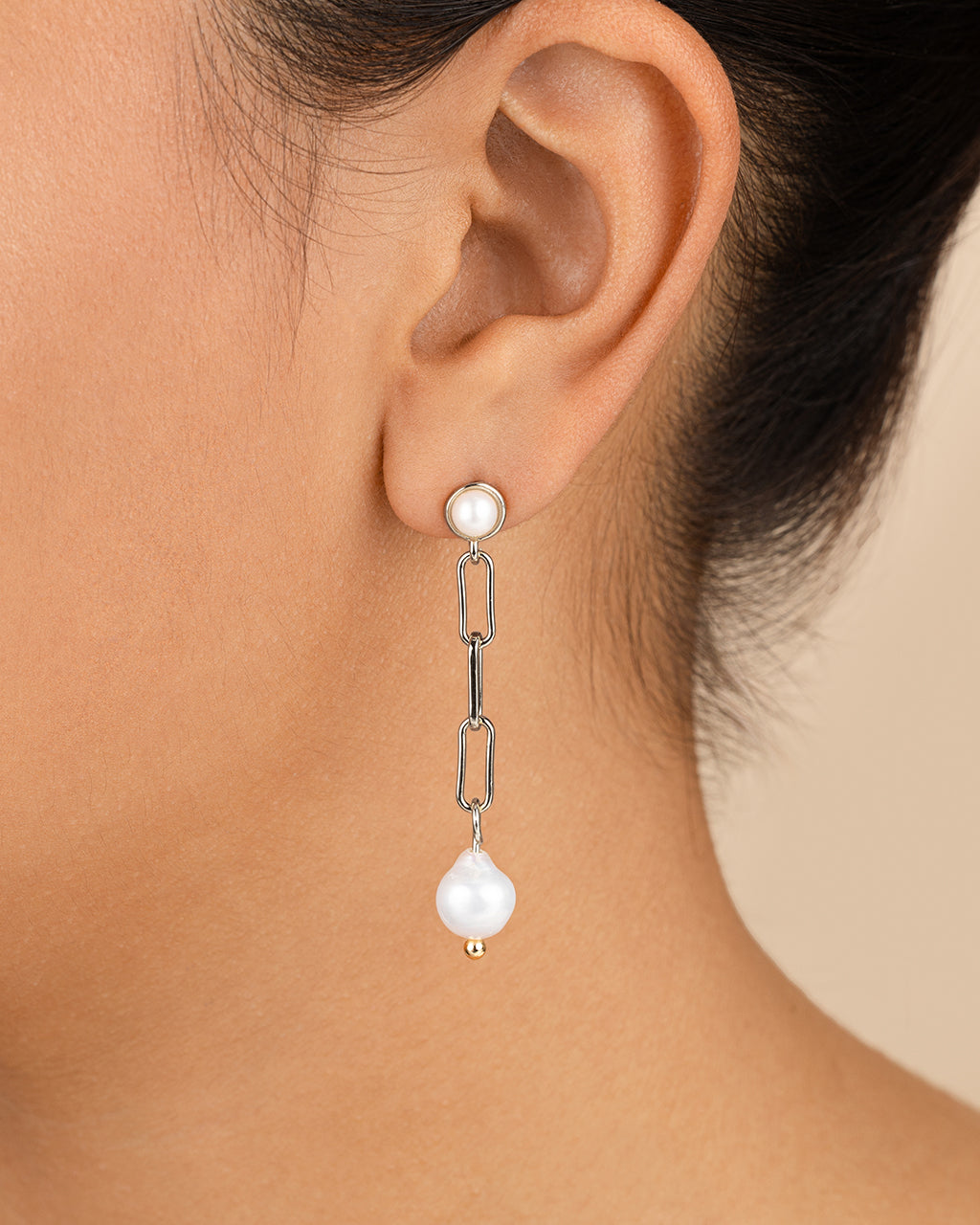 Fayelynn Pearl & Chain Drop Stud Earrings