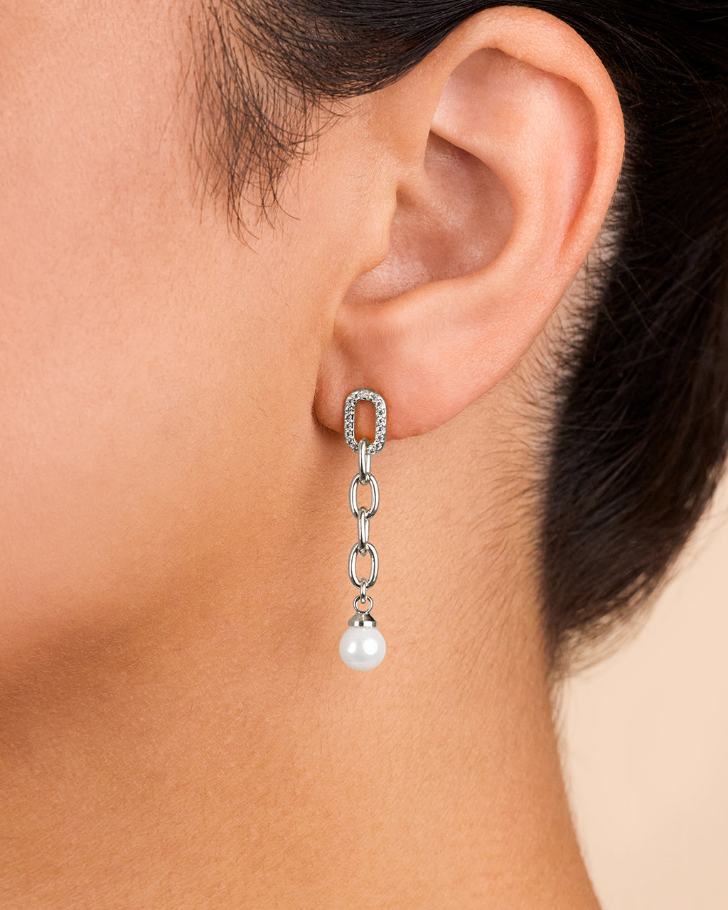 Daphne CZ & Pearl Chain Drop Stud Earrings