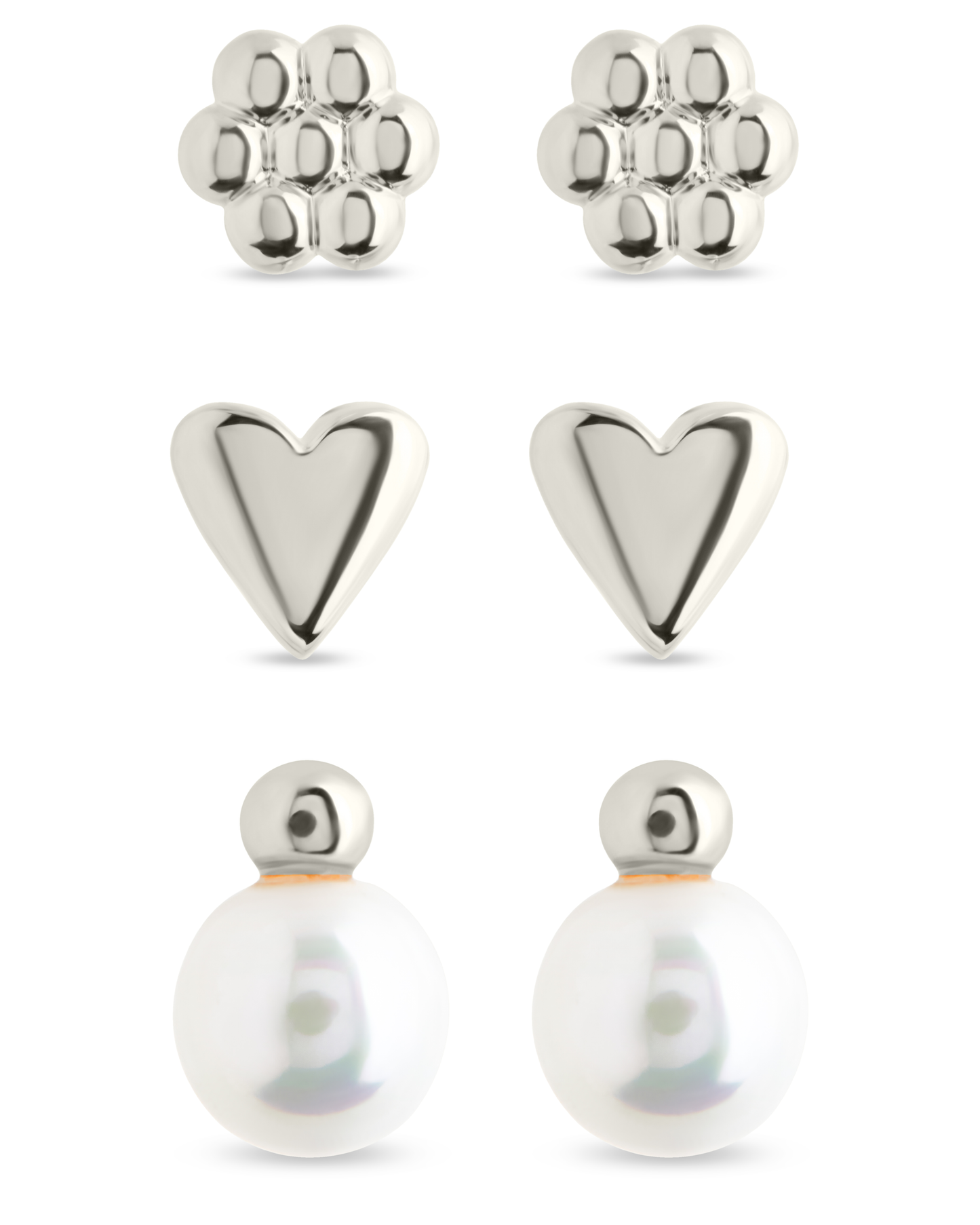Sterling Silver Irene Pearl, Flower, & Heart Stud Earring Set of 3
