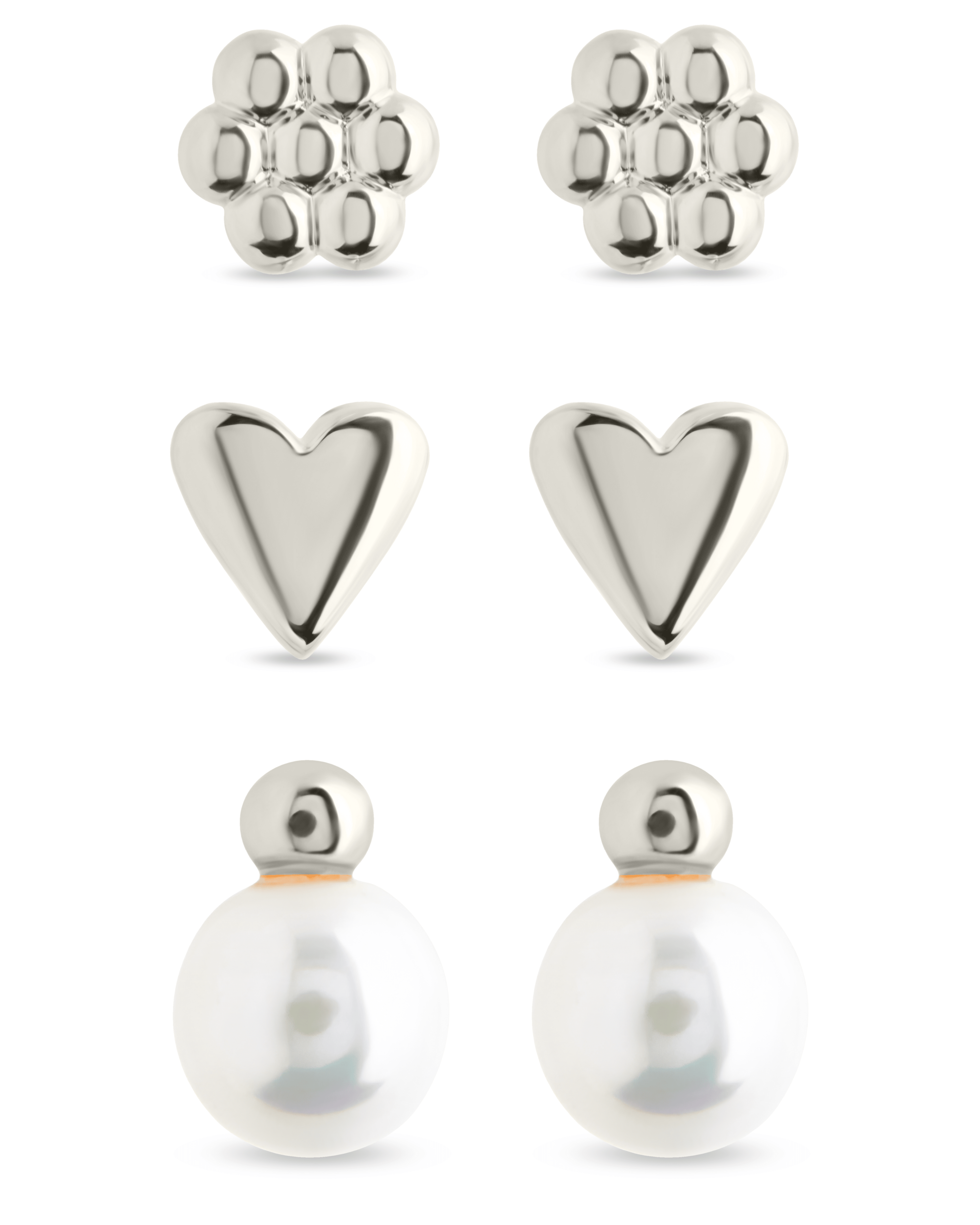 Sterling Silver Irene Pearl, Flower, & Heart Stud Earring Set of 3 - Sterling Forever