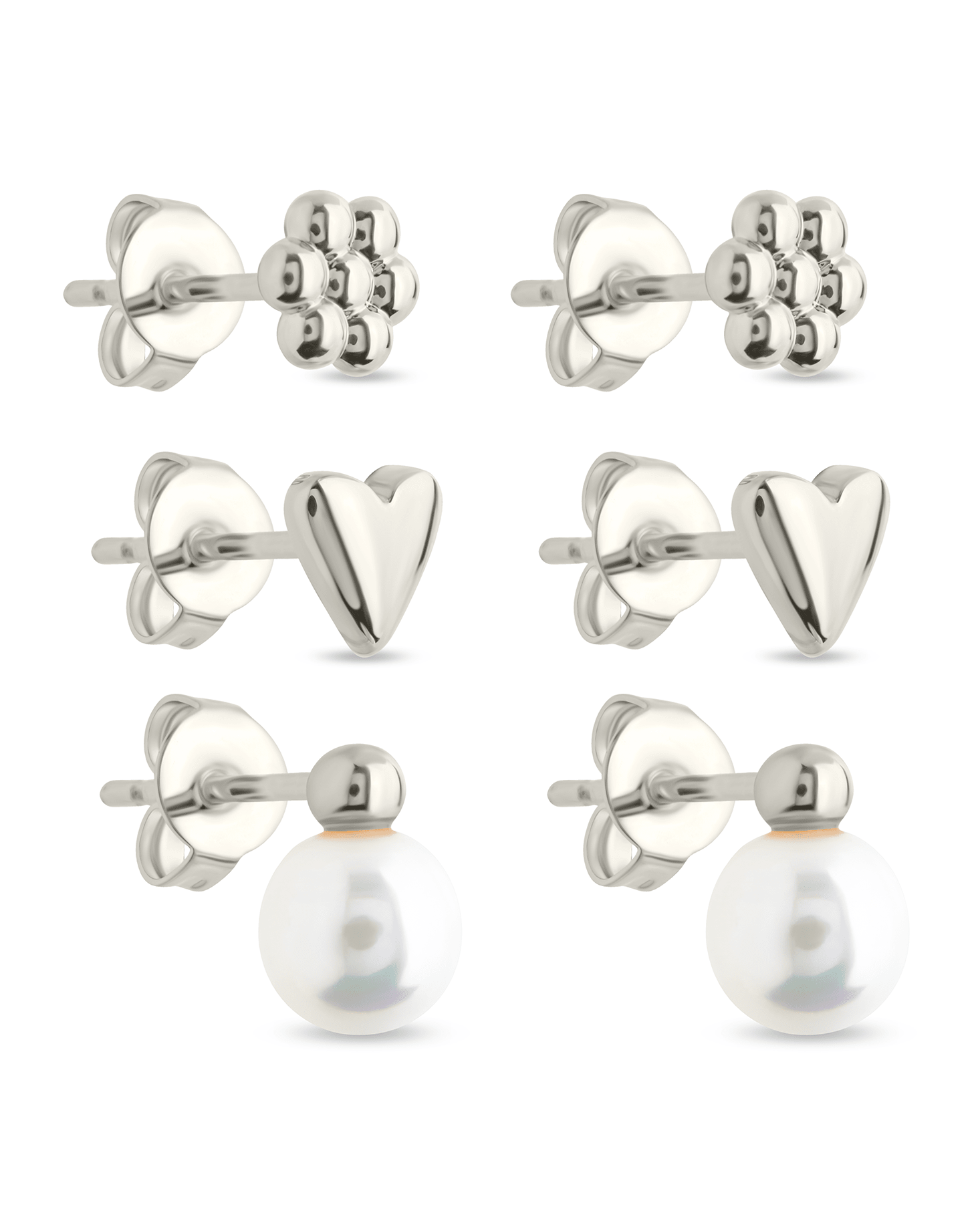 Sterling Silver Irene Pearl, Flower, & Heart Stud Earring Set of 3 - Sterling Forever