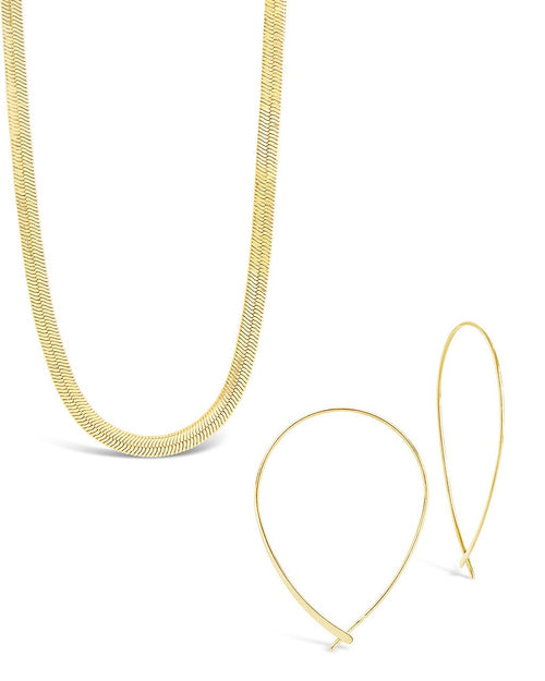 Delicate Threader Hoop Earrings & Herringbone Chain Necklace Set - Sterling Forever