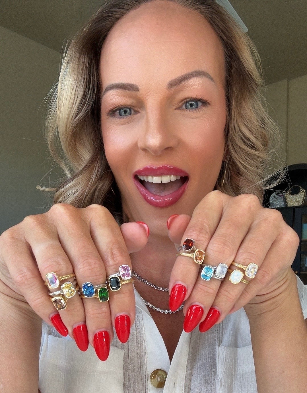 Tiffany with the cushion cocktail rings in every color