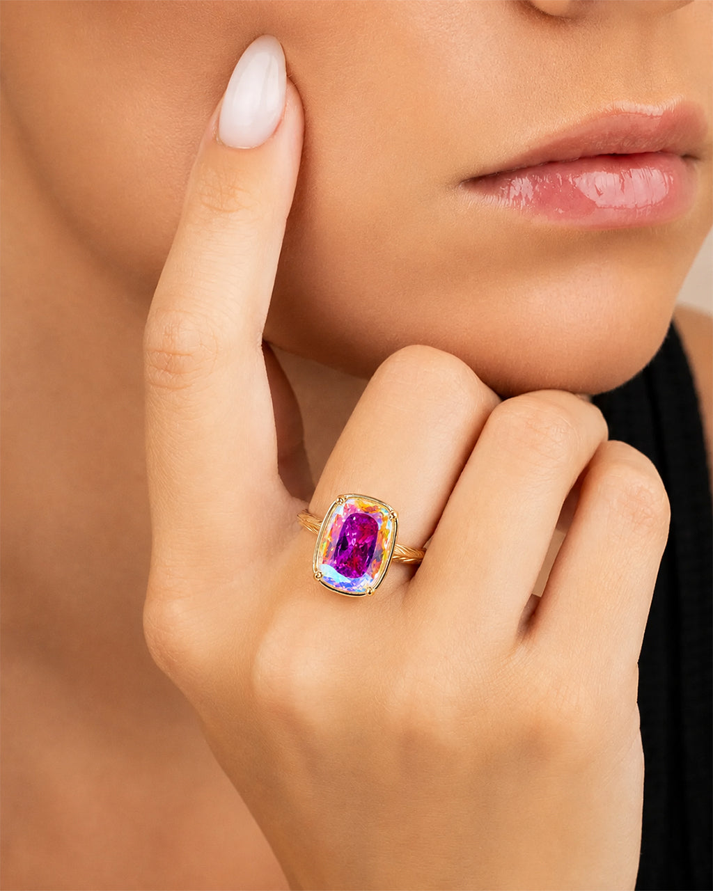 Sterling Silver Elongated Cushion Iridescent CZ Cocktail Ring