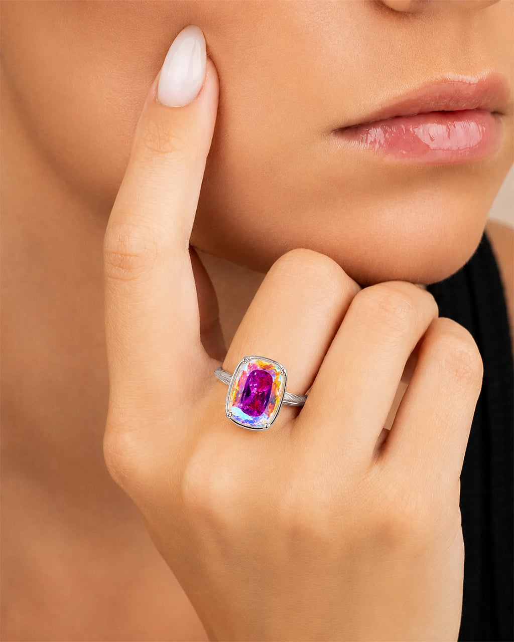 Sterling Silver Elongated Cushion Iridescent CZ Cocktail Ring