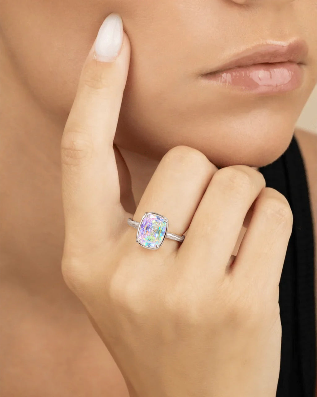 Sterling Silver Mini Iridescent Elongated Cushion Ring