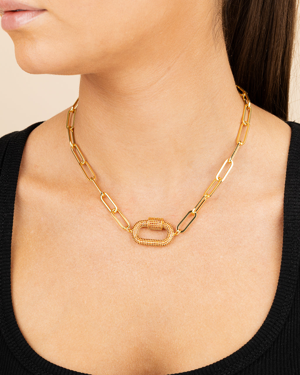Pave CZ Carabiner Linked Lock Necklace