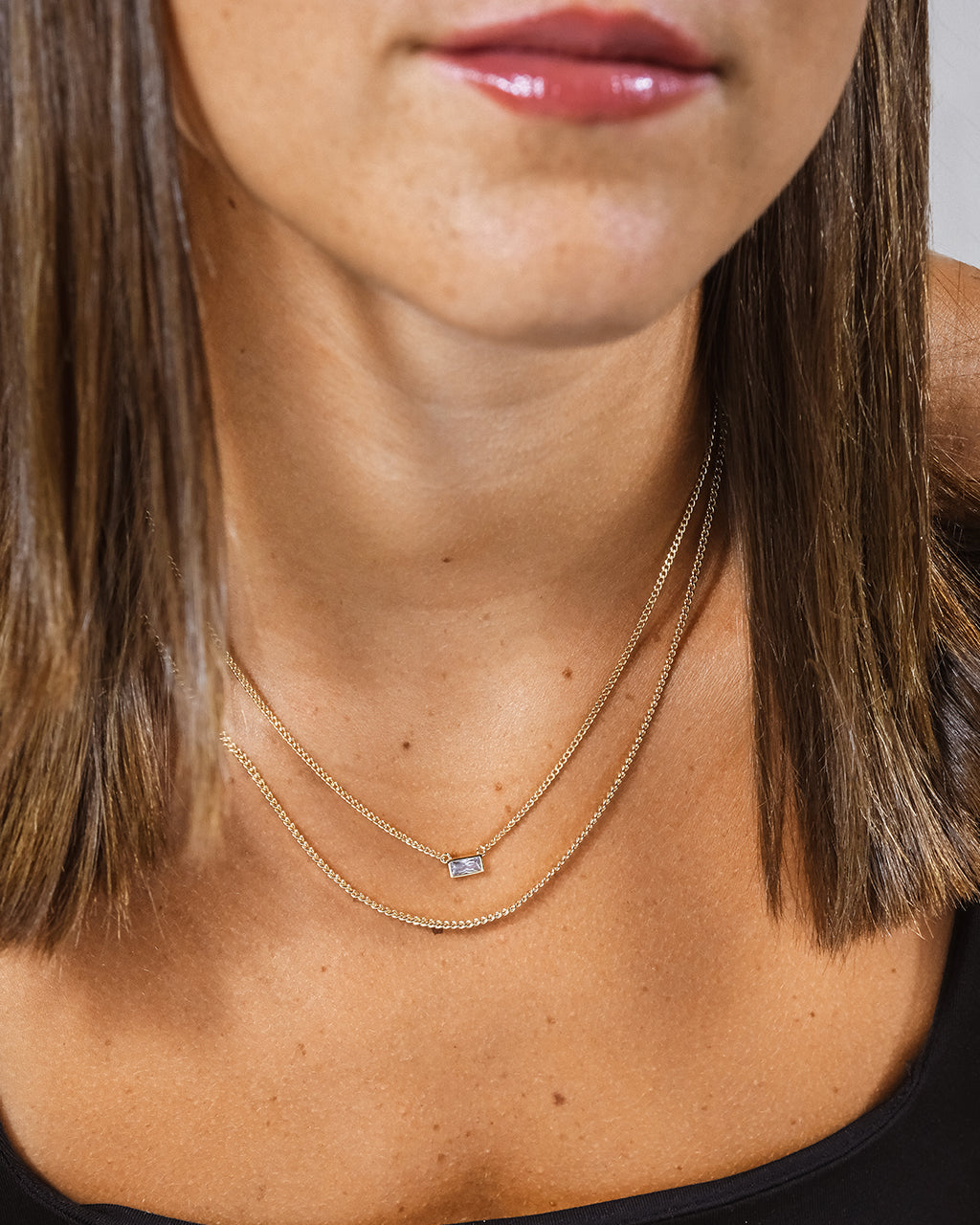 CZ Baguette Layered Curb Chain Necklace