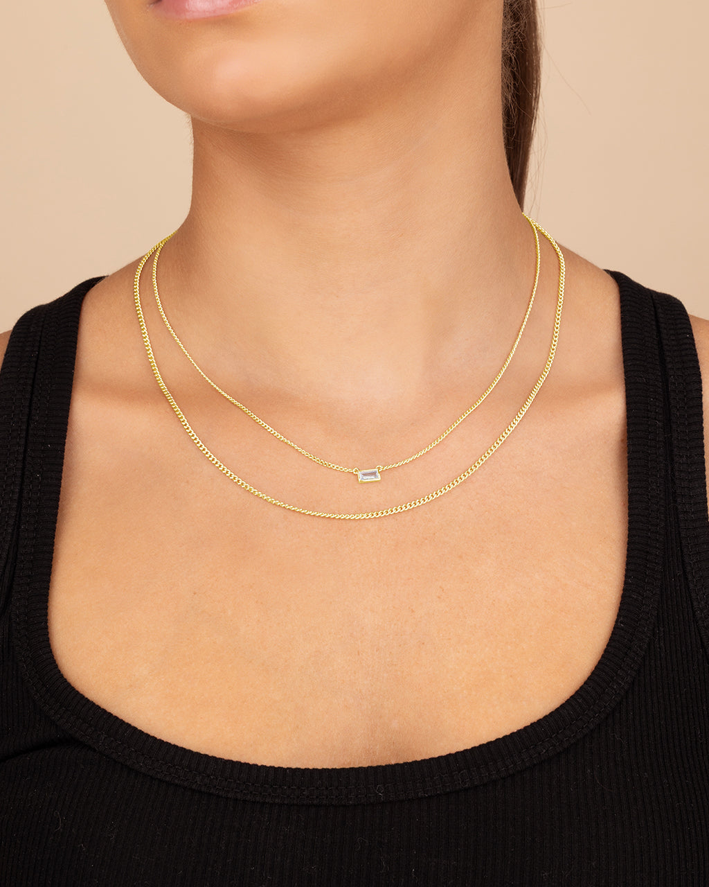 CZ Baguette Layered Curb Chain Necklace