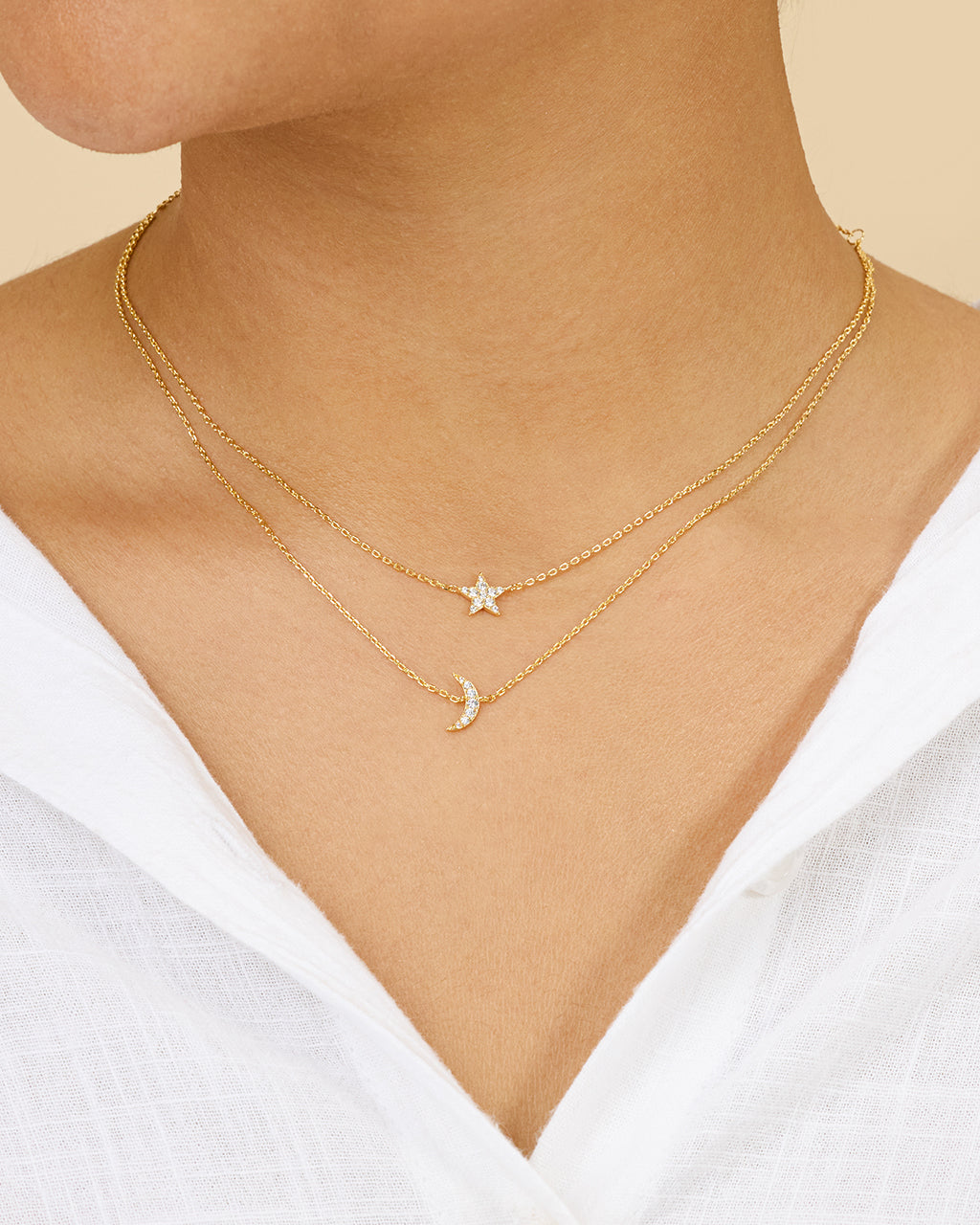 Layered CZ Crescent & Star Necklace