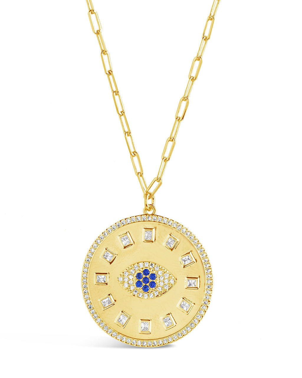 Evil Eye CZ Sun Dial Coin Pendant Necklace Sterling Forever Gold 
