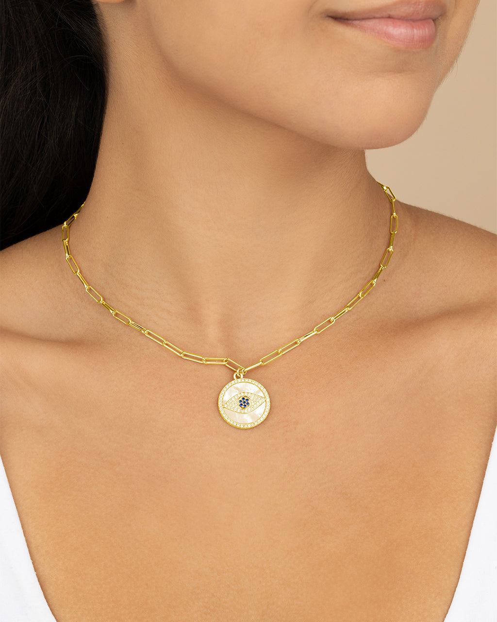 CZ & Mother of Pearl Evil Eye Pendant Necklace