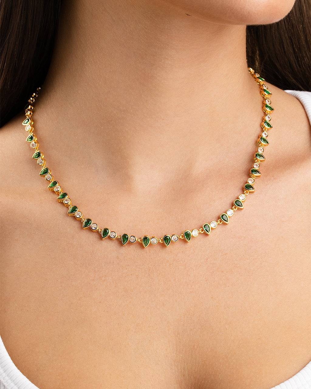 Emerald Pear & Round Cut Bezel CZ Tennis Necklace