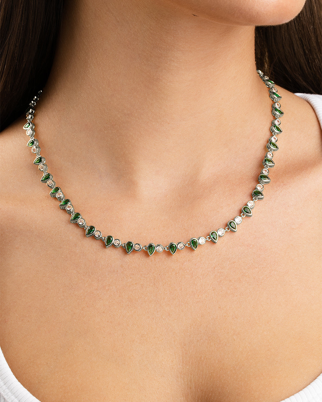 Emerald Pear & Round Cut Bezel CZ Tennis Necklace