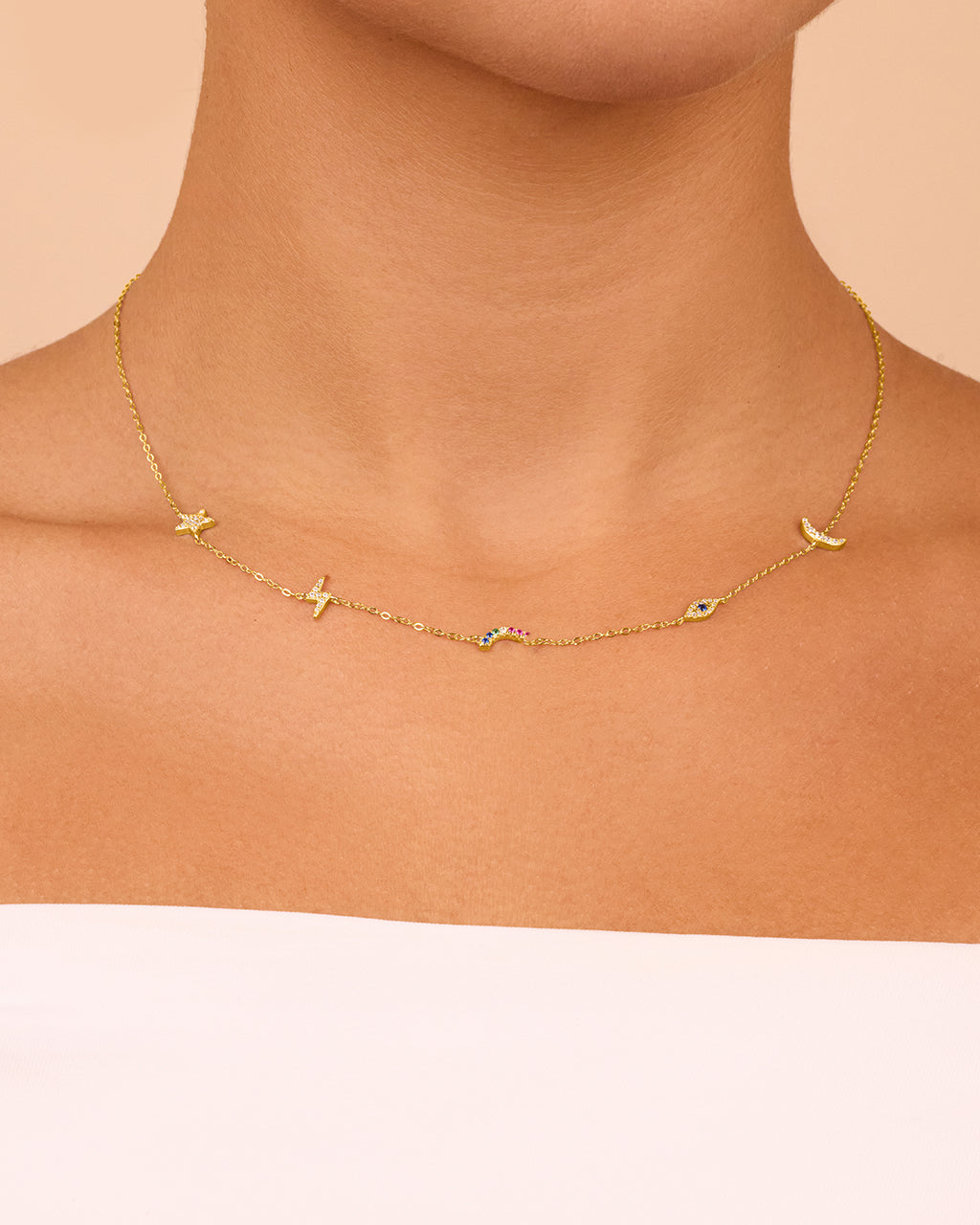 Sterling Silver CZ Lucky Charm Station Necklace