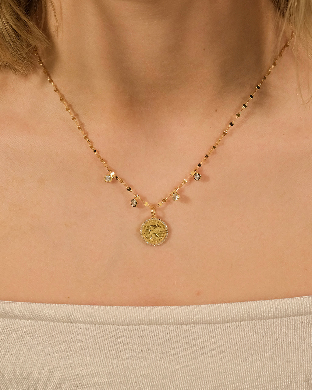 Sterling Silver Coin Medallion & Bezel CZ Charm Necklace