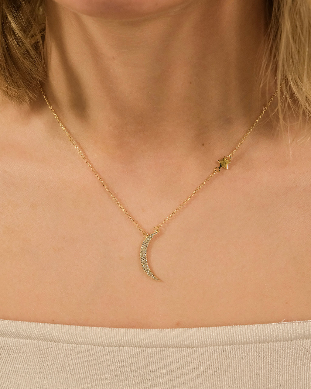 Sterling Silver CZ Moon with Star Charm Necklace