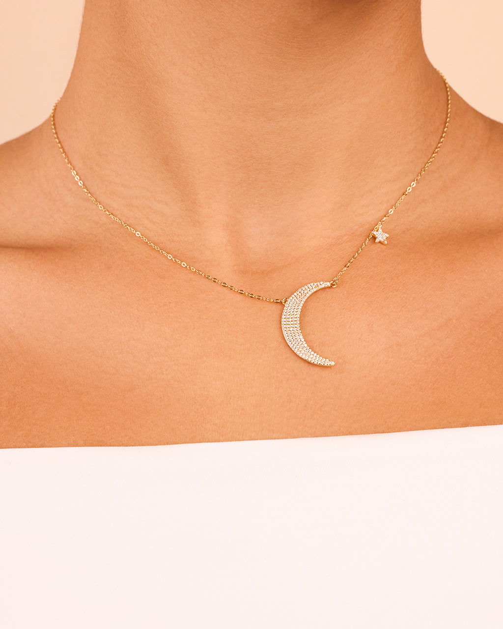 Sterling Silver CZ Crescent & Star Charm Necklace