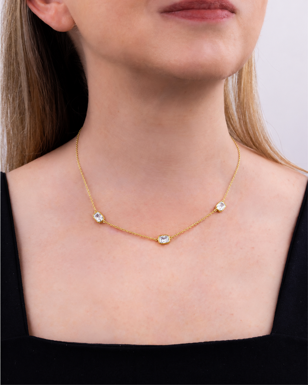 Sterling Silver Elongated Cushion Stationed Chain Necklace