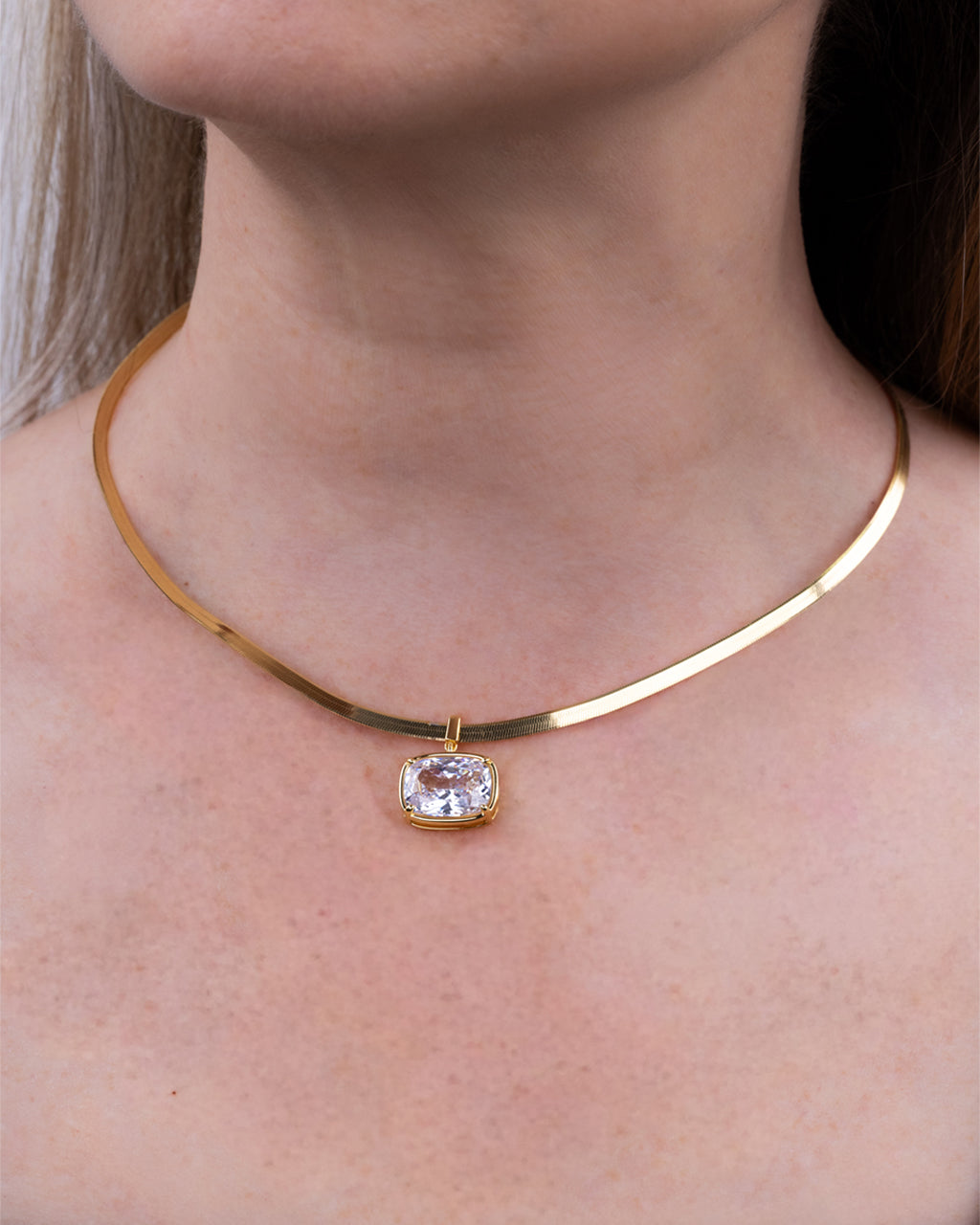 Sterling Silver Elongated Cushion Herringbone Chain Necklace
