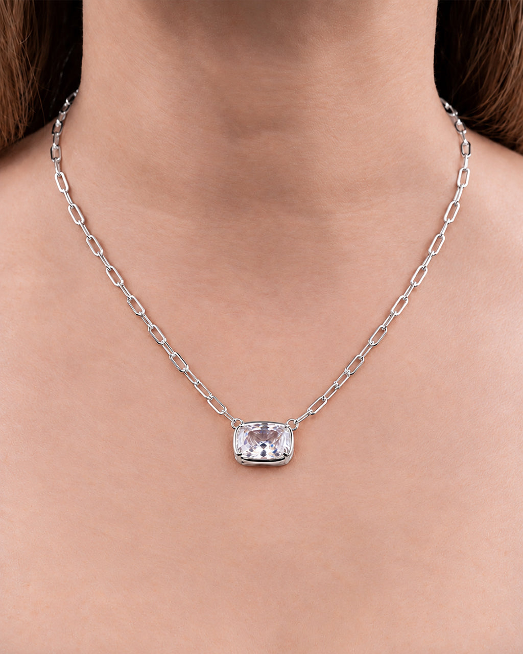 Sterling Silver Elongated Cushion Paperclip Chain Necklace