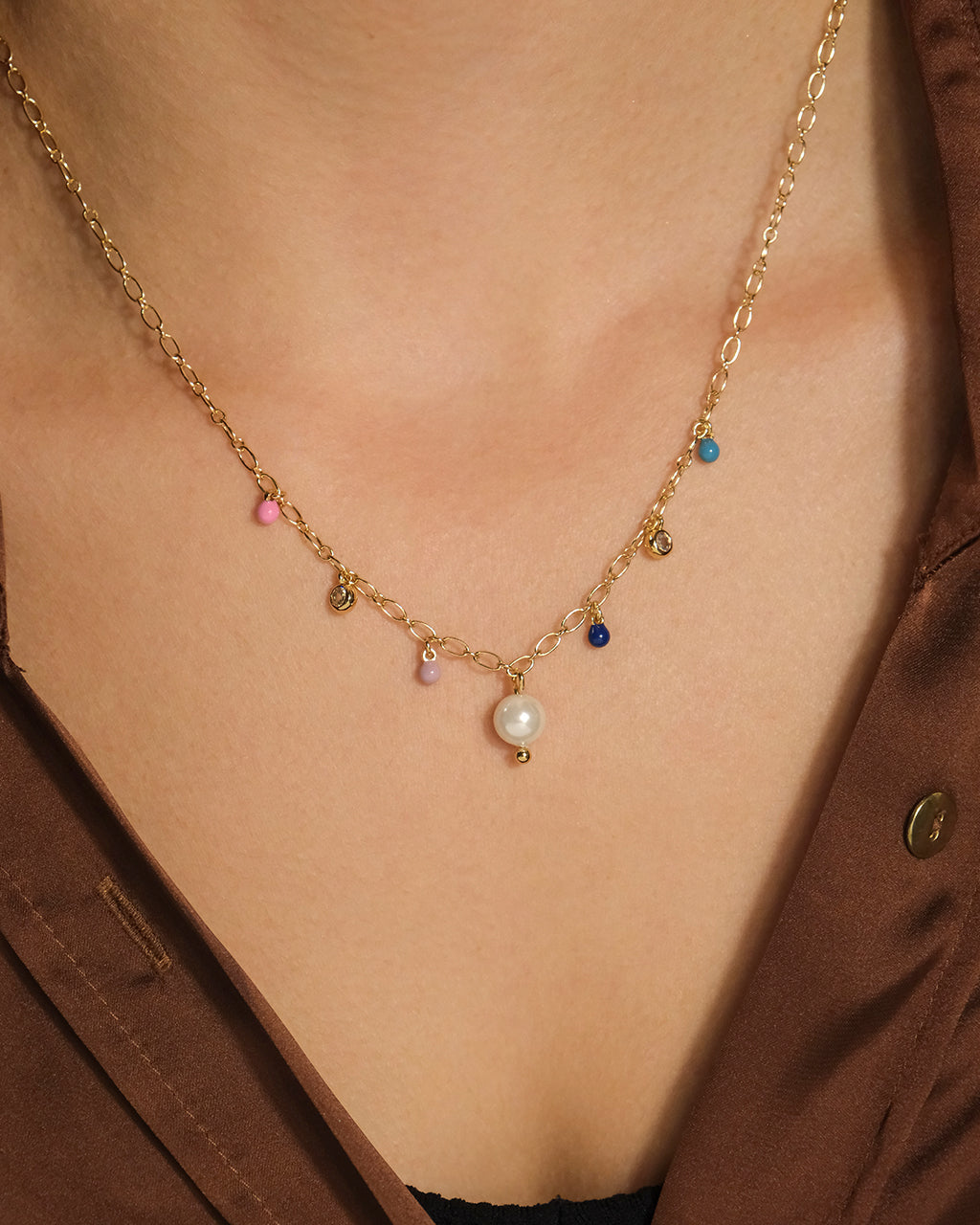 Enamel, Pearl, & CZ Charm Necklace