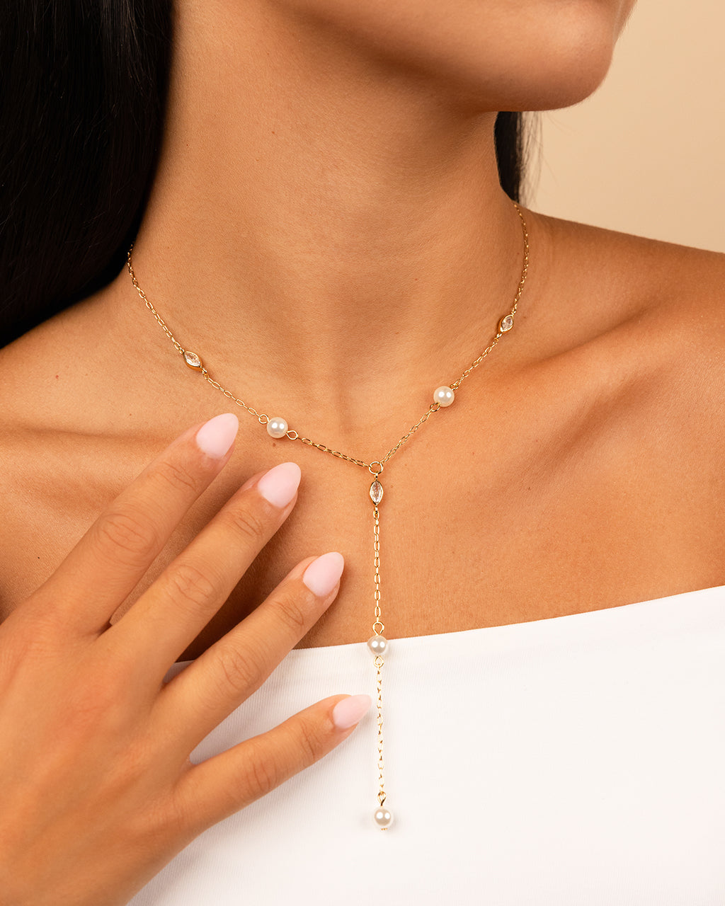 Tyra CZ & Pearl Lariat Necklace