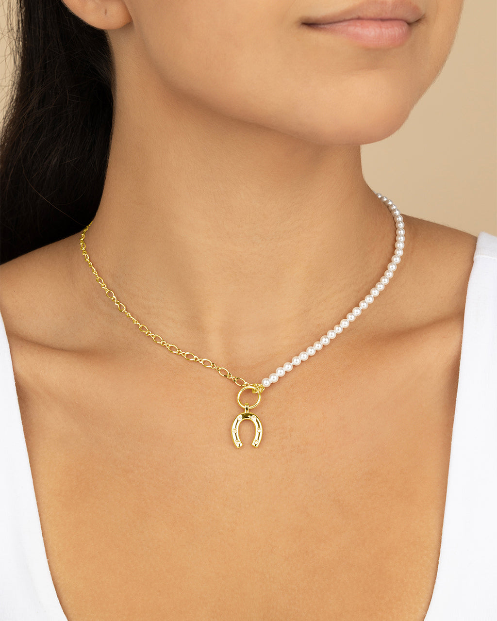 Elva Pearl CZ Horseshoe Necklace