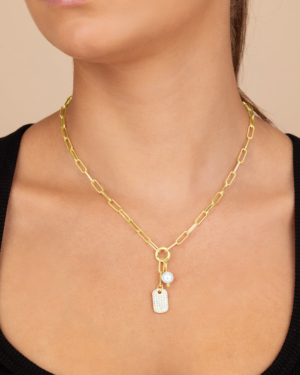 Cleo Pearl & CZ Tag Charm Necklace
