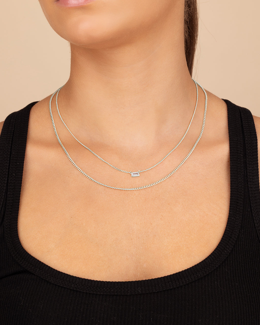 CZ Baguette Layered Curb Chain Necklace
